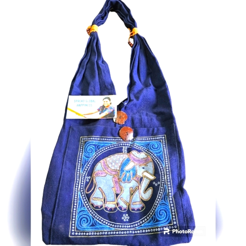 Canvas elephant bag, dark blue, elephant shaped buttons,and beads at sho…